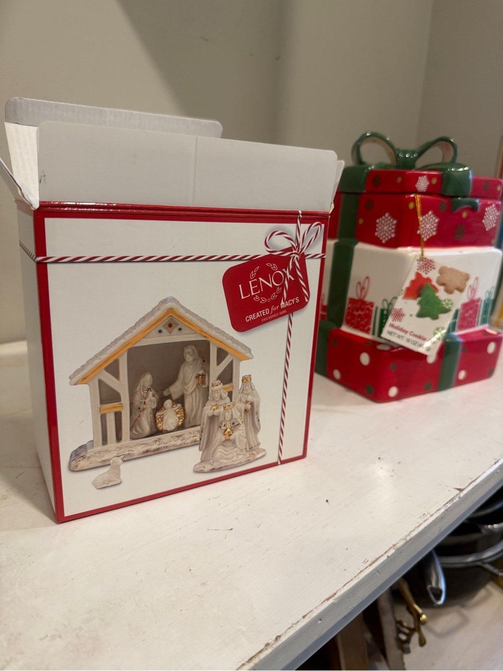 Lenox White and Gold Nativity Figurine Set with Red Gift Box Accents